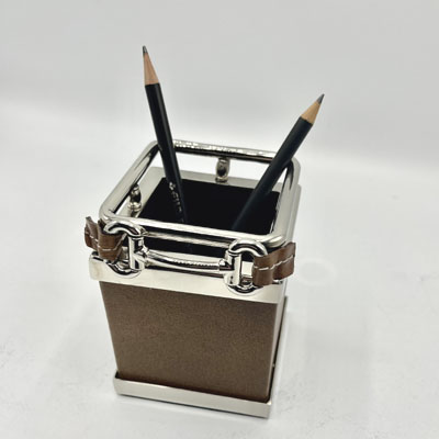 Cornici in argento: Porta Penne quadrato 8x8cm cuio marrone h.12 - 3445 -
